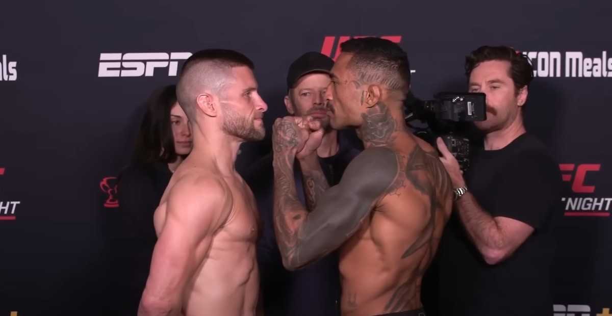 Pat Sabatini and Joanderson Brito stare each other down during the official UFC Vegas 105 weigh-in faceoff.